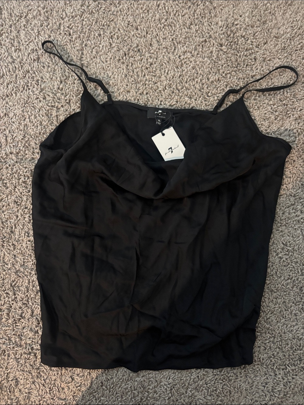 7 For All Mankind Black Satin Cowl Neck Spaghetti Strap Camisole